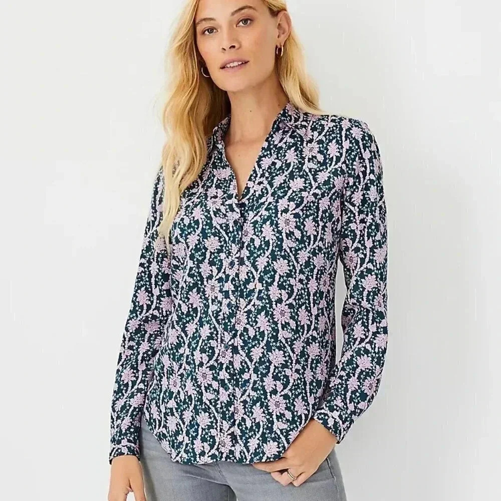 Ann Taylor Button Down Collared Floral Top Petite XL